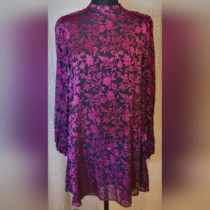 Club Monaco Pink Rose Floral Vibrant Burnout Long Sleeve Swing Mini Dress Sz 2
